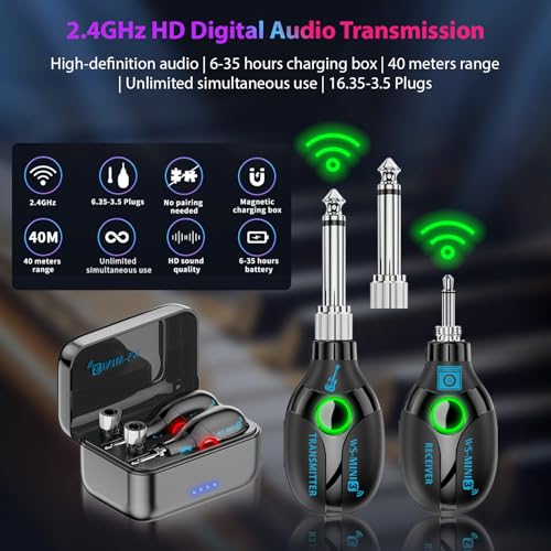 Sistema inalámbrico para guitarra 2.4G con transmisor y receptor, compartimento de carga, sistema de audio, transmisión de 4 canales, plug and play, recargable para guitarra eléctrica/acústica y bajo miniatura 3