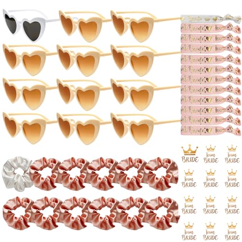 YeahBoom 48 Stück JGA Brille Team Braut,Bride to Be Herz Brille Set,12 Herz Sonnenbrille+12 Bride Haargummi+12 Bride Tattoo Aufkleber+12 Bride Armband,Jungesellinnenabschied Frau Accessoires,JGA Deko