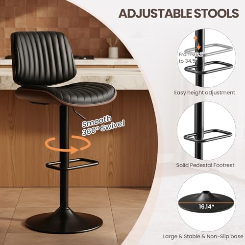 Image of MALOL Bar Stools Set of 1, Adjustable Counter Height Bar Chairs 26 inch-34.5 inch with Swivel & Footrest, Modern Faux Leather Barstools for Kitchen Island, Dining Room,Pub,Black