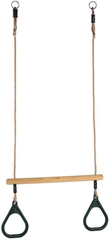 HUAWELL Wooden Trapeze with Plastic Gym Rings – Outdoor N Indoor Playground 2 in 1 Swing Set Accessories for Kids (Green).