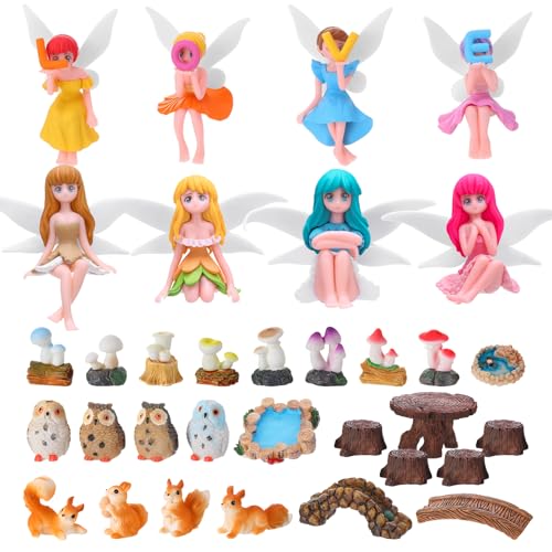 GGSTDDUP 33 Pcs Fairy Garden Accessories Miniatures Garden Kit with Resin Fairies, Mushroom House & Bridge Miniature Accessories for Terrarium, Dollhouse & Outdoor Decor