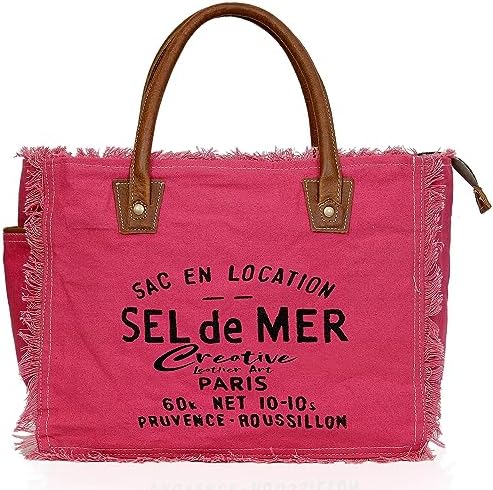 CREATIVE LEATHER ART Upcycled Canvas Tote Bag with Genuine Leather Handles - Vintage SEL de MER Shoulder Bag (13x5x10 in)