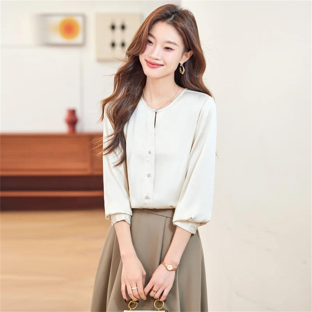 Blusa lisa para mujer, de manga larga, cuello redondo, de satén, para oficina, trabajo
