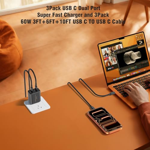 Image of 45W 3Pack Black Super Fast Charger USB C Dual Port Charger Type C Fast Charging Block with 60W [3FT+6FT+10FT] USB C to USB C Charger Cord for Galaxy S26 /S25 /S24,for iPhone 17 /16 /15,for iPad and More