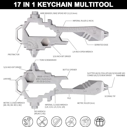 Herda Chaveiro multiferramentas, utensílio utilitário de bolso de aço inoxidável 17 em 1, mini ferra