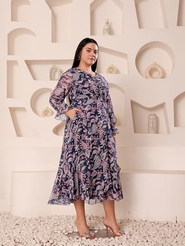 Image of Miss Chase A+ Women's Floral Wrap Chiffon Maxi Dress with Flutter Sleeves Frilled Hem
