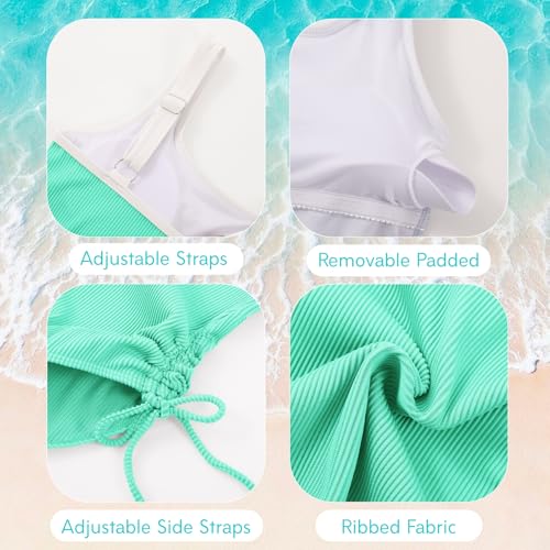 Image of Weixinbuy Girls Swimsuit Ribbed Bathing Suit for Girls Adjustable Strap Color Block Summer Beach One Piece Swimsuit