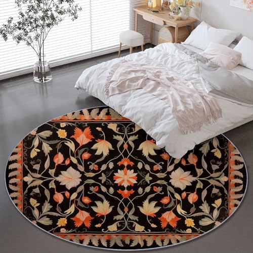 Tapis rond 200 cm orange marron lavable style bohème à fleurs
