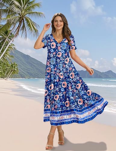 Image of YESNO Women's Summer Maxi Dresses Casual Floral Short Sleeve V Neck Boho Beach Vacation Swing Dress with Pockets EVF
