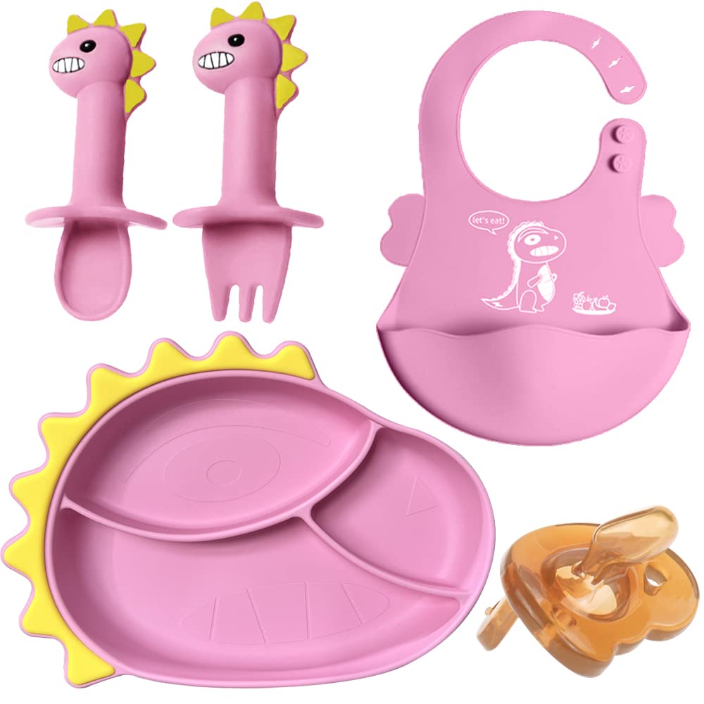 5 Pack Silicone Baby Feeding Set, 1 Pack Divided Toddler Suction Plates 1Pack Fork and Spoon with 1Pack Baby Bibs, Baby Led Weaning Supplies Baby Dishes Set Infant Self Feeding Eating Utensils - Pink