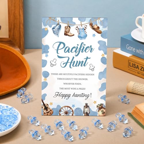 Image of Thyle 51 Pcs Cowboy Pacifier Hunt Baby Shower Games Boys Include Hunt Sign and 50 Acrylic Pacifiers for a Little Cowboy Is on The Way Theme Baby Shower Game Decoration for Gender Reveal Party Decor