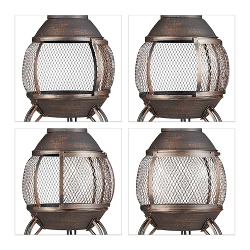 Relaxdays Chiminea with Fire Poker, Grate, Spark Guard and Lid, Bronze - Image 8