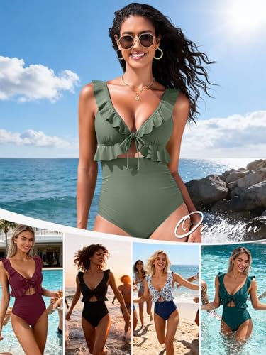 CheChury Badeanzug Damen Bauchweg V Ausschnitt Monokinis Bauchweg Einteilige Bademode Push Up Badeanzüge Einteilige Rückenfrei Monokini Rüschenärmel Badeanzug Damen Große Größe Strandmode, Weinrot, M-7