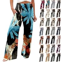 Pantaloni da Donna a Gamba Larga Elasticizzati a Vita Alta Pantaloni da Spiaggia in Cotone Lino Pantalone Estivi a Palazzo (a12-Blu, M)