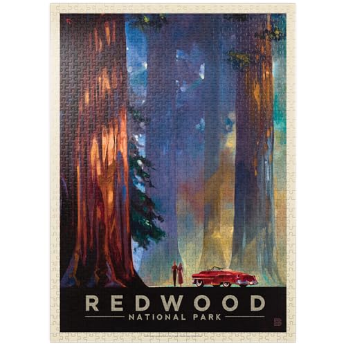 MyPuzzle Redwood National Park: Among The Giants, Vintage Poster - Premium 1000 Piece Jigsaw Puzzle for Adults
