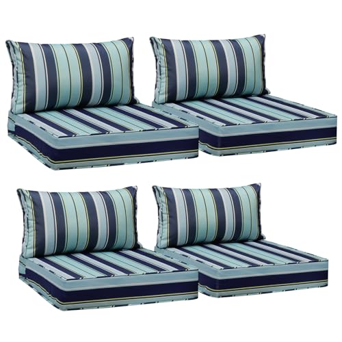 Image of AAAAAcessories Outdoor Seat Cushions for Chairs, Fade-Resistant, Waterproof Patio Furniture Replacement Cushions, 25.5 inch x 25.5 inch x 5 inch + 25.5 inch x 13.5 inch, Set of 4, Ash Teal Seaside Stripe