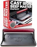 The Beef Master Cast Iron Grill Press - XL Burger Press, Pre-Seasoned Griddle Press, Heavy Duty Meat Press for Bacon, Burgers, and Steak with Cool Touch Handle - 10”x10”x4”