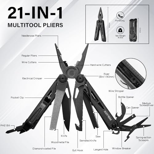 Image of 21-in-1 Multitool Pliers w /Safety Locking & Spring-Action Scissors | Nylon Sheath, Premium Stainless Steel EDC Kit for Work, Home, Auto, DIY and Outdoor Tasks, Black