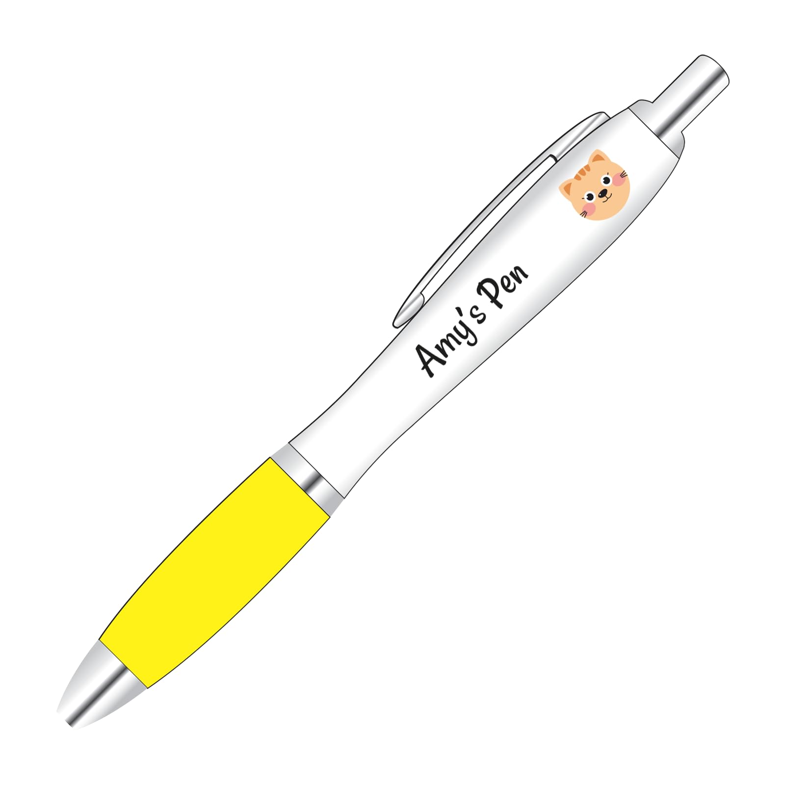 Personalised full colour printed cat design pen with custom name or short message and a yellow coloured grip.