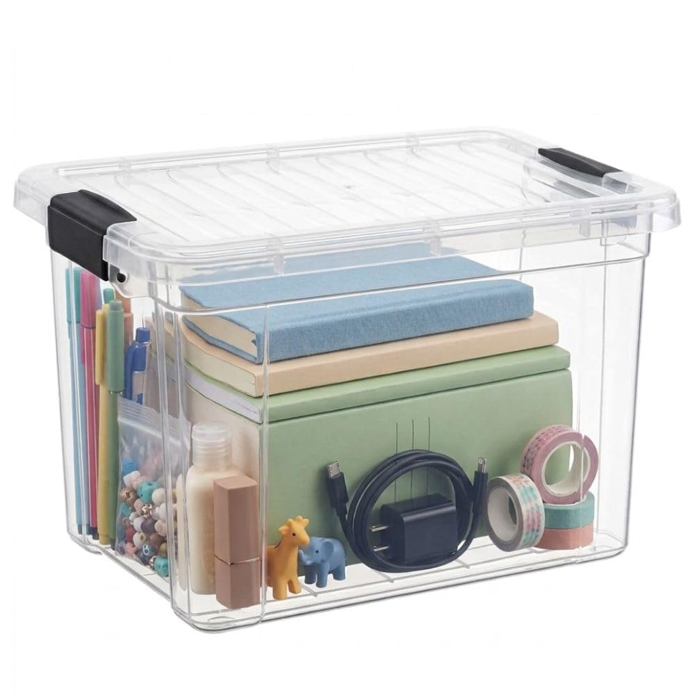 Superio Tiefer Aufbewahrungskorb mit Deckel, extra tief, kleine transparente Aufbewahrungsbox mit Riegel für Zuhause, Küche, Garage, Lebensmitteln, Zubehör und Haar-Accessoires (2.7 Liter)