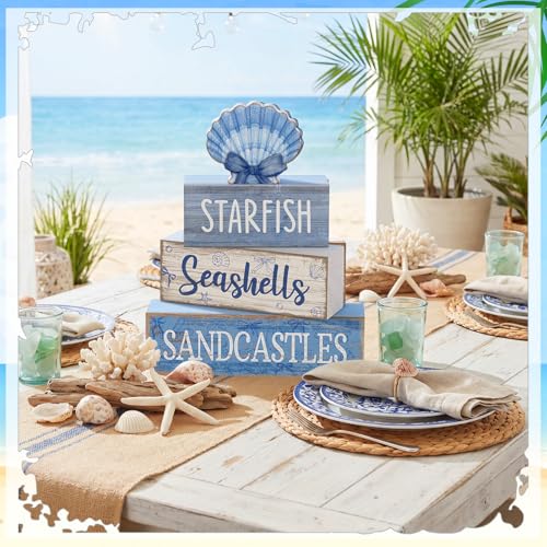 Image of Moucuny 4 Pcs Nautical Beach Decor Shell Tiered Tray Decoration Blue Bow Table Centerpieces Summer Rustic Decorative Block Signs Gift Farmhouse Table Sign for Home Kitchen Shelf