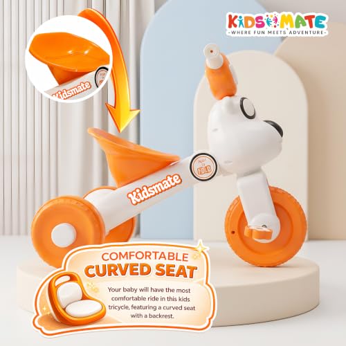 Image of Kidsmate Teddy Musical Tricycle for Kids 18-36 Months | Foldable Design with LED Lights on Handlebar | Baby Trike for Boys & Girls, Upto 18kg (Orange & White)