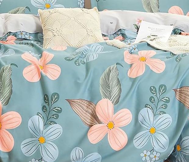 Image of DECOMIZER Super Soft Glace Cotton King Size AC Comforter II Blanket II Duvet for Double Bed with 1 Flat Bedsheet and 2 Pillow Cover - 4 Piece Comforter Set - Sky Peach-300 TC