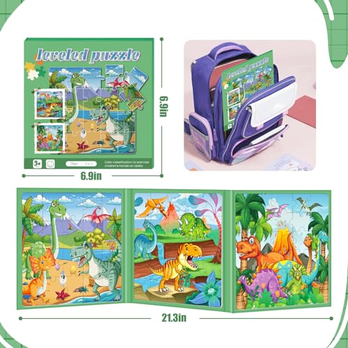 Image of Magnetic Puzzles for Toddlers 3-5 Dinosaur Puzzle Travel Toys for Kids | Jigsaw Puzzles for Kids 75-Pieces Travel Toys Dinosaur Puzzles Ages 4-6 Road Car Trip & Airplane