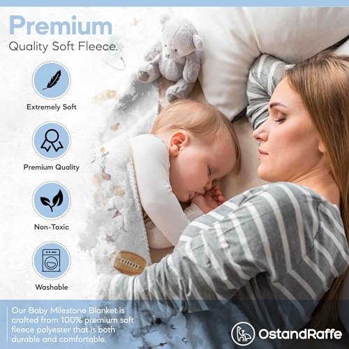 Image of Baby Boy Monthly Milestone Blanket with 16 Milestone Stickers - 60 inch x 40 inch - Wrinkle Free Baby Age Month Blanket - Washable & Fade Resistant - Ultra Soft Fleece for Mom & Baby Shower