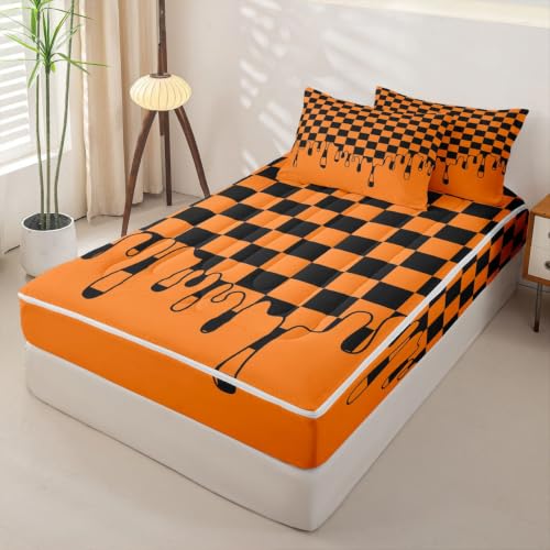 Image of Black and Orange Checkered Zipper Bedding Full Size Checkerboard Drip Gingham Grid Zip Up Bedding Set for Teens Adults, Y2K Modern Geometric Plaid Bed in a Bag Halloween Comforter with Fitted Sheet