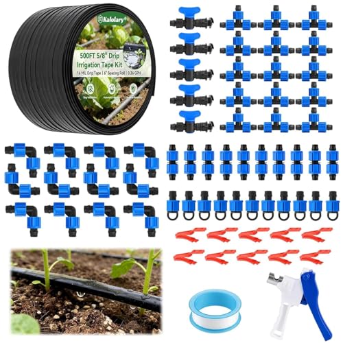 500FT 5/8 Inch Drip Tape Irrigation Kit Kalolary 16 Mil Reinforced PE Flat Drips Tubing 6 Spacing Roll Landscape Garden Hose with Drip Tape Fittings & Hole Puncher Automatic Garden Irrigation System