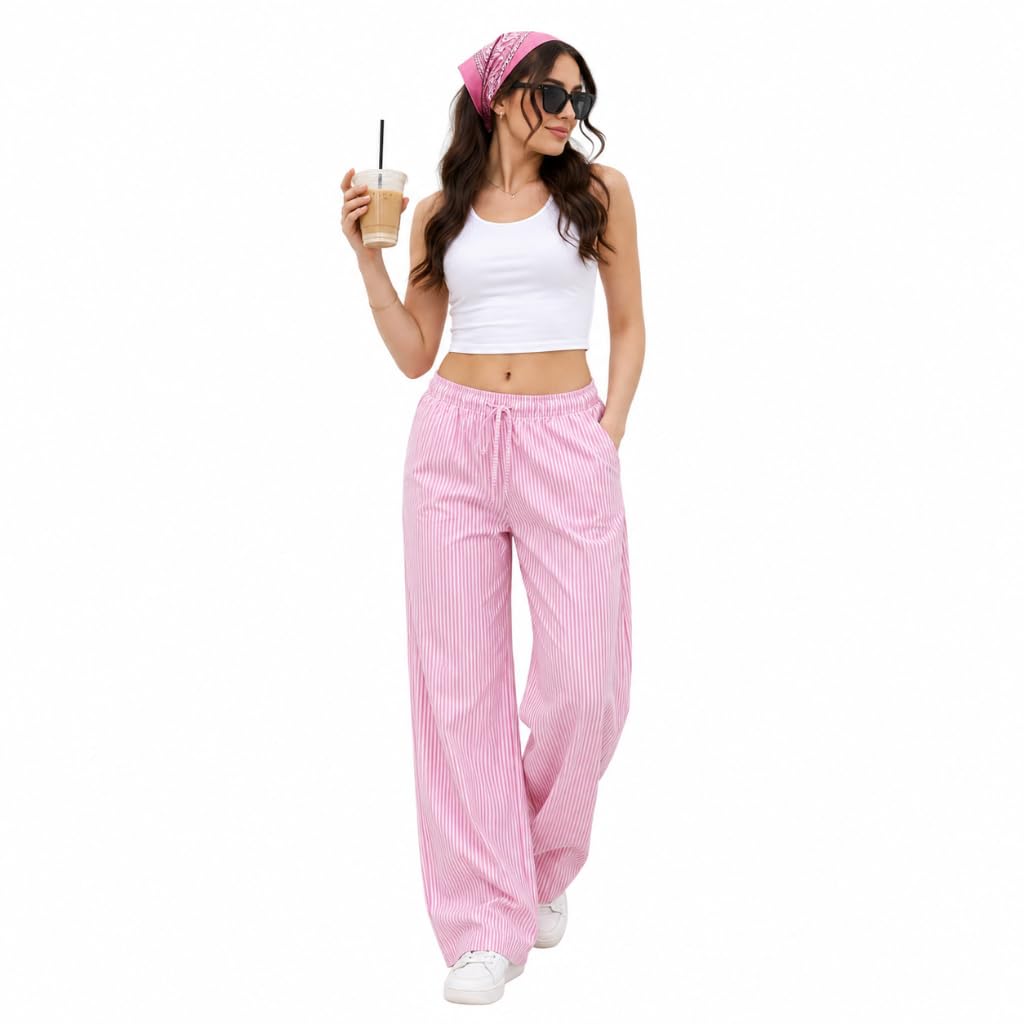 Women's Striped Cotton Blend Wide Leg Pants | Elastic High Waist Straight Fit | Casual Trousers | Soft Breathable Lounge Pants with Side Pockets | Daily & Travel Wear | Office Home Bottoms Wear-image-13