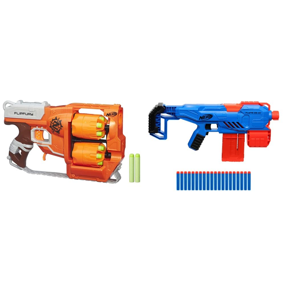 Nerf Zombie Strike Flipfury Blaster 2 Flipping 6-Dart Drums&Nerf Alpha Strike Flyte Cs-10 Motorised Blaster,Multicolor
