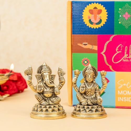Image of Ekhasa 100% Pure Brass Lakshmi Ganesh Idol with Gift Box | Pital Murti for Pooja Room Decor Office Desk | Religious Housewarming Grah Pravesh Diwali Wedding Gift for Couple