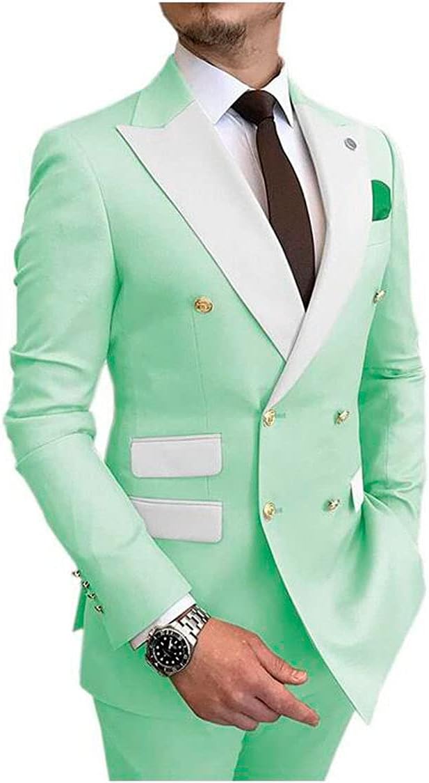 Men's Slim Fit Double Breasted Suits 2 PC Notch Lapel Wedding Suits for Men Jacket Pants Groom Tuexdos
