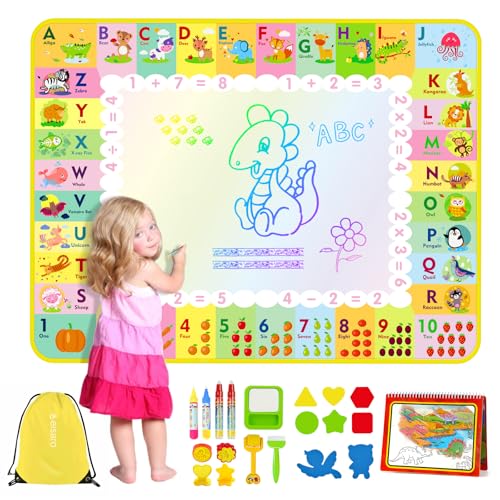 eisaro Tappeto Gioco Bambini 120x90cm | Giochi Bambini 1 Anni, Tappeto Magico con Libro di Pittura ad Acqua, Colori per 1-6 Anni, 4 Penna Acqua, Natale Pasqua Regalo, Borsa Stoccaggio