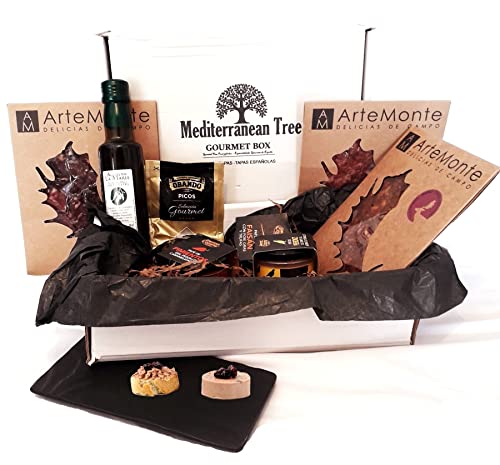 Caja Cesta Gourmet Caza Regalo - 3 Loncheados chorizo de gamo salchichón de ciervo y jabalí 100g + 3 Pates Faisán Perdiz y Pimiento 80g + Aceite Oliva Virgen Extra + Picos Artesanos + Pizarra Gourmet Cover