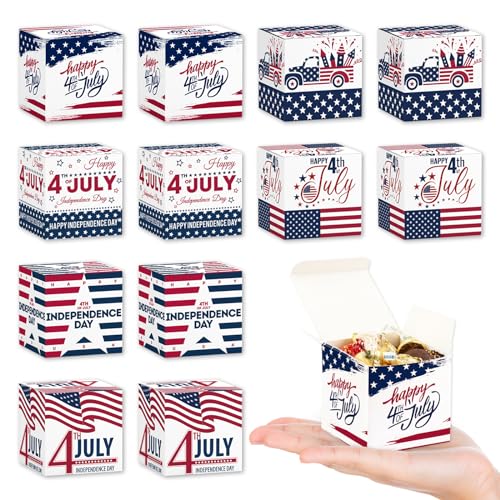 On-Airstore 12 Pcs Patriotic Treat Boxes Independence Day Goodie Candy Paper Boxes Red White and Blue American Flag Gift Boxes for 4th of July Gifts Wrapping Party Favor Supplies 2.8"×2.8"×2.8"