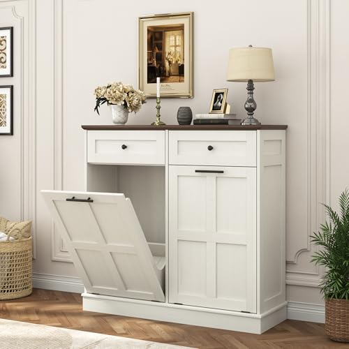 Double Trash Can Cabinet, 20 Gallons Farmhouse Hidden Wood Garbag...