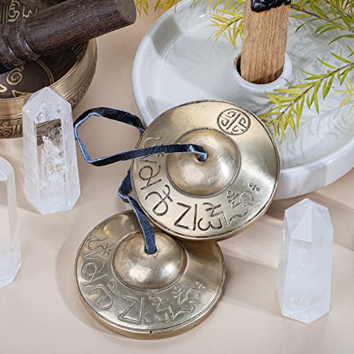 Zenbless 2.95" Tibetan Tingsha Full Moon Sanskrit Runes Cymbals 2Pcs, Handmade In Nepal,Meditation White Brass Bells For Spiritual Healing Mindfulness, Yoga Buddhist, Relaxation Musical Instruments #TOP2