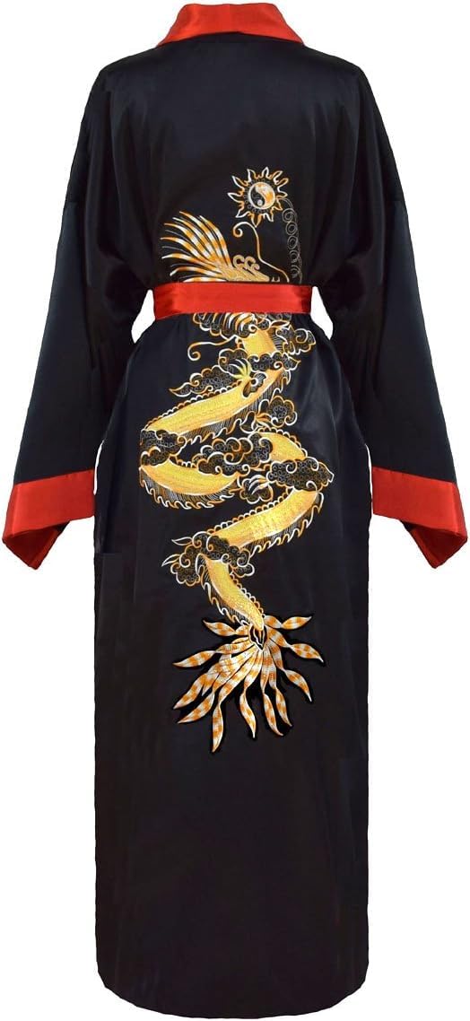 Vestaglia da Notte con Kimono Giapponese Ricamato Reversibile da Donna, Black/Red, S