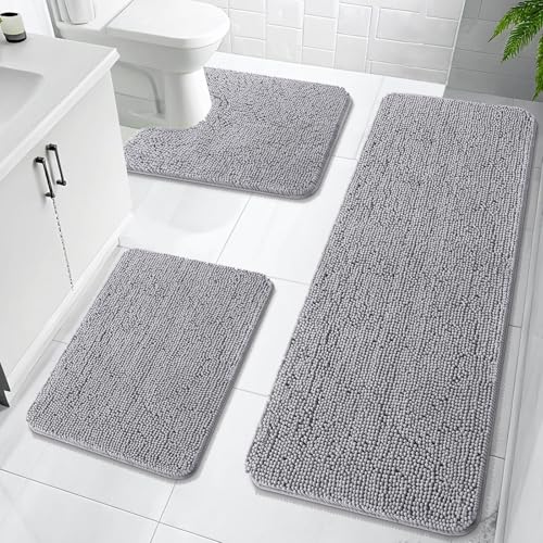 OLANLY Chenille Bathroom Rugs Sets 3 Piece, 59"x20"+24"x16"+24"x20", Grey