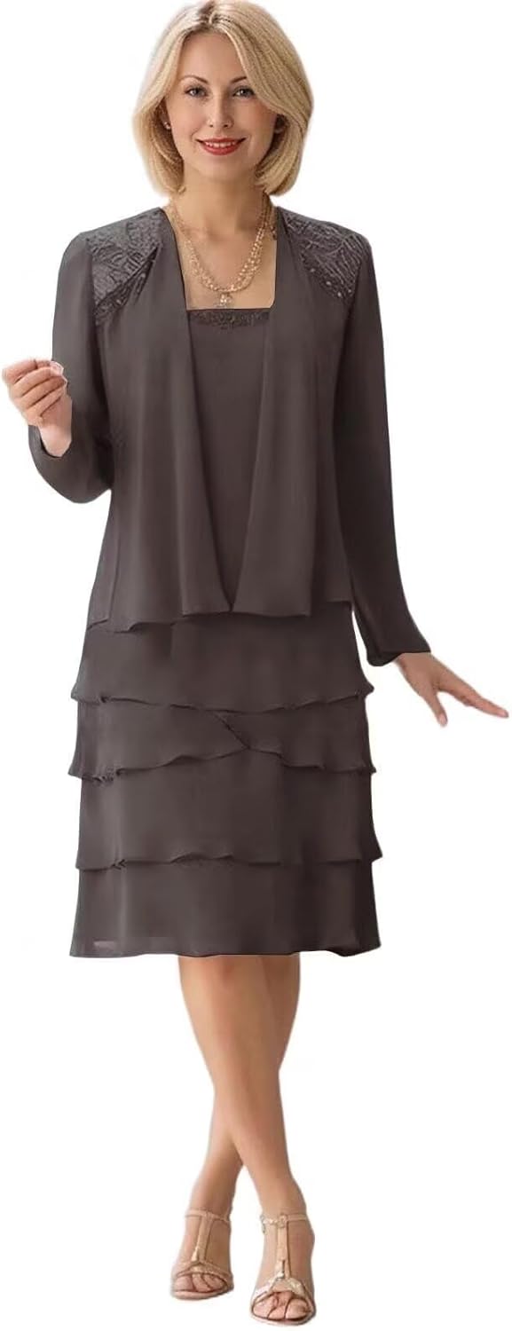 Mother of The Bride Dresses for Wedding Long Sleeve Lace Chiffon Formal Gown with Jacket JH008