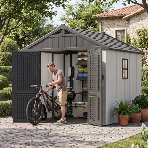 Image of Greesum 8x8 FT Resin Outdoor Storage Shed with Floor, Beige