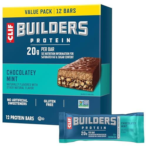 CLIF BUILDERS Protein Bars - Chocolatey Mint - 20g Plant Based Protein - Gluten Free - Non-GMO - Low Glycemic - No Artificial Sweeteners - 2.4 oz. (12 Pack)