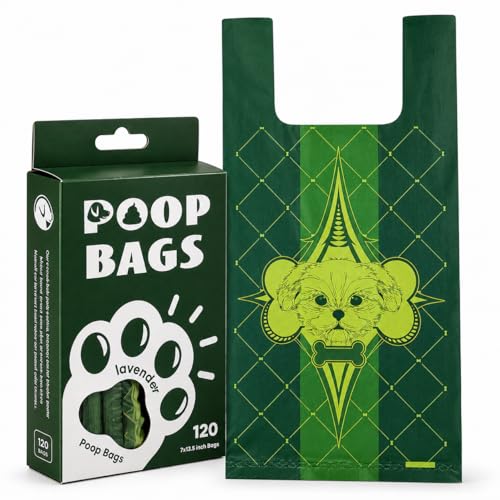 Sacchetti Cane Cacca con Manici XL, Ultra Resistenti e Antiperdita, Facili da Annodare, Profumati Lavanda, 120 Pezzi, Materiale Biodegradabile, Sacchetti Igienici per Cani