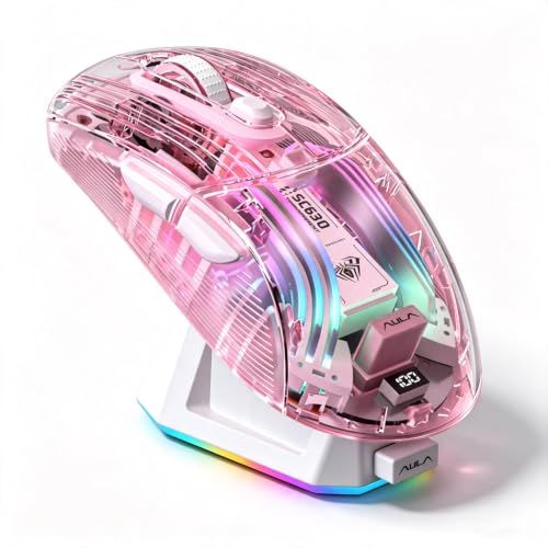 Image of RGB Magnetic Charging Dock Gaming Mouse, 12K DPI, PAW3311 Sensor, Tri-Mode Wireless, 6 Programmable Buttons, Ultra-Light 72g for PC /Mac (Pink- Transparent)
