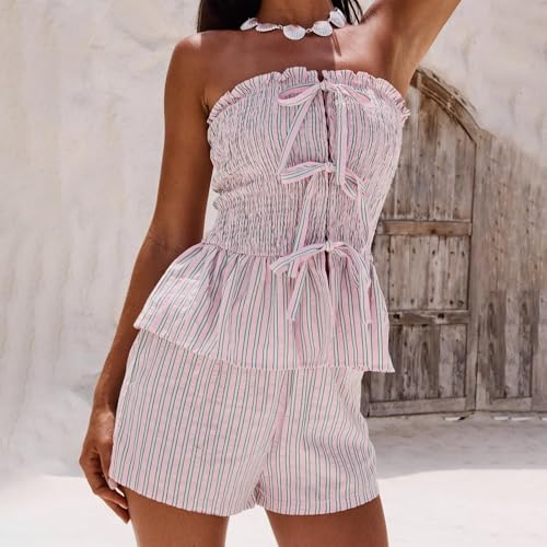 Image of Yuemengxuan Women Shirred Top Shorts Summer Outfits Set 2 Piece Striped Pajamas Set Sleeveless Ruched Bandeau Tube Top Shorts (Pink #C, M)