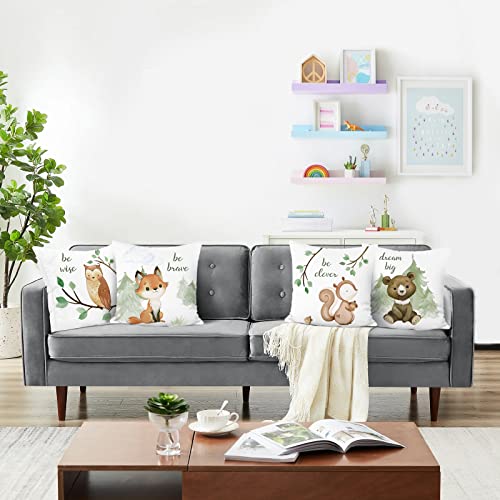 Bonhause Spring Forest Animals Throw Pillow Covers 18 X 18 Inch Set Of 4 Fox Bear Squirrel Owl Kids Pillows Case Soft Velvet Cushion Covers For For Sofa School Home Decor #TOP3