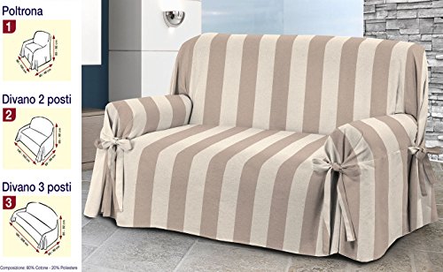 Cubresofá para sofá de 3 plazas, tela jacquard de mezcla de algodón. Color beis a rayas. Versátil, con lazos